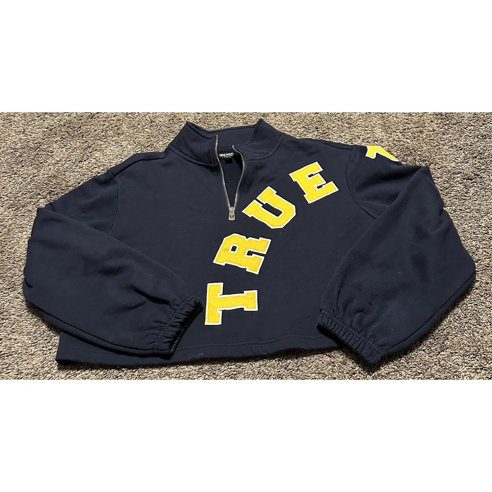 True Religion Women's Small Navy Half Zip Hoodie Embroidered Logo